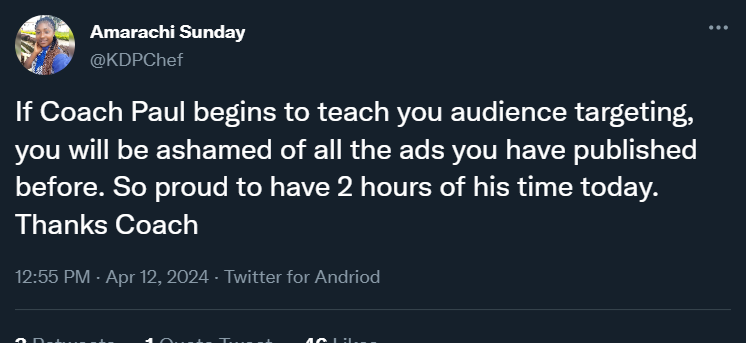 Amarachi Sunday tweet praising Coach Paul's audience targeting