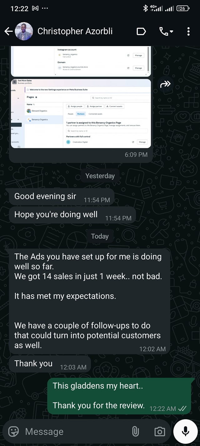 Christopher Azorbli WhatsApp message: 14 sales in just 1 week