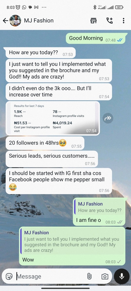 MJ Fashion WhatsApp message: ads are crazy, serious leads and customers