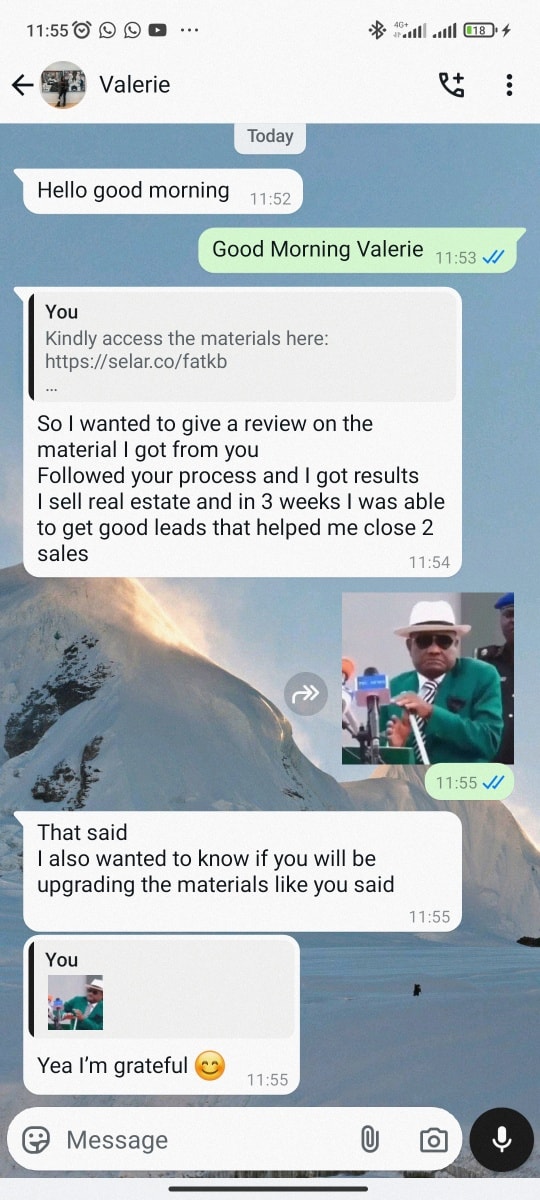 Valerie WhatsApp message: closed 2 real estate sales in 3 weeks